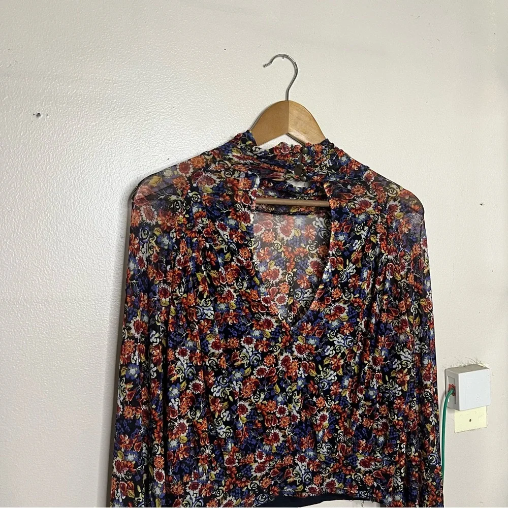 Free People All Dolled Up Mesh Sheer S Floral Long Sleeve Top Balloon High Neck - Picture 11 of 11